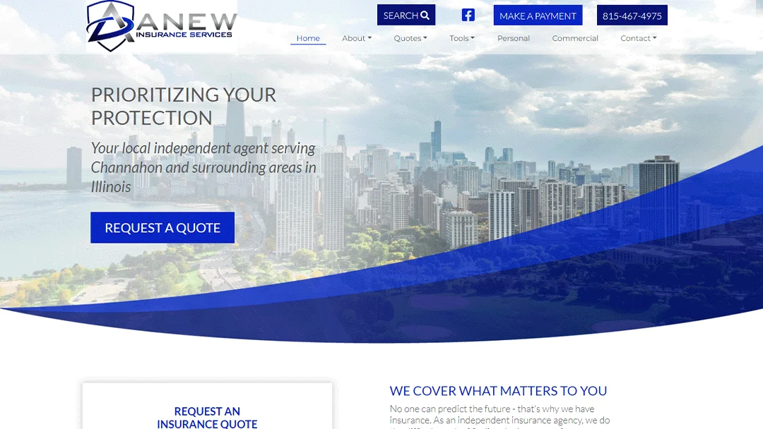 Image of Anew Insurance Services website homepage featuring a banner with a cityscape background, text emphasizing prioritizing protection, and a 'Request a Quote' button. Navigation links, a search bar, and contact information are displayed at the top.