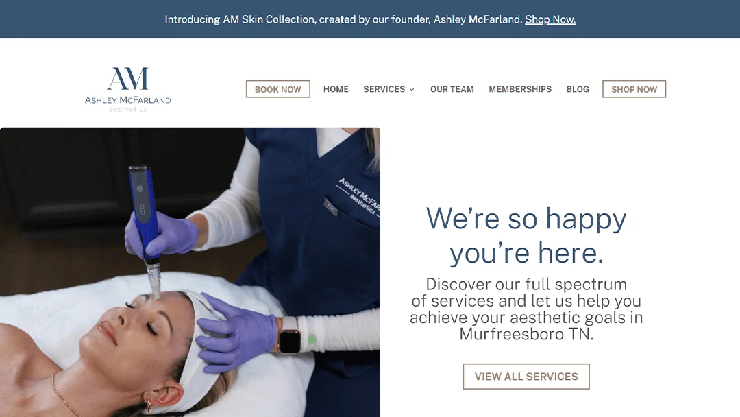 Aesthetician performing a skin treatment on a relaxed client, featured on the Ashley McFarland Aesthetics website. The image welcomes visitors and promotes their range of aesthetic services in Murfreesboro, TN, encouraging appointments and exploration of their offerings.