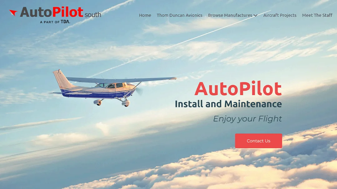 A small airplane flying above the clouds, featured on the AutoPilot South website. The image promotes their autopilot installation and maintenance services, encouraging customers to enjoy their flight with reliable and professional support.