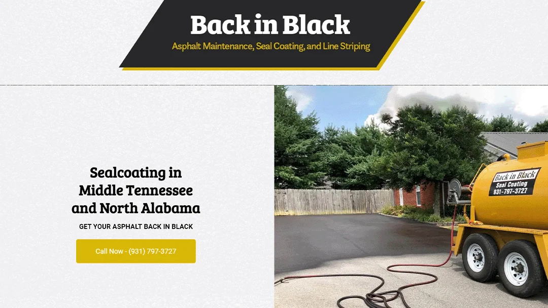 Homepage of Back in Black, featuring an image of a freshly seal-coated driveway with a yellow seal coating machine in the foreground. The text 