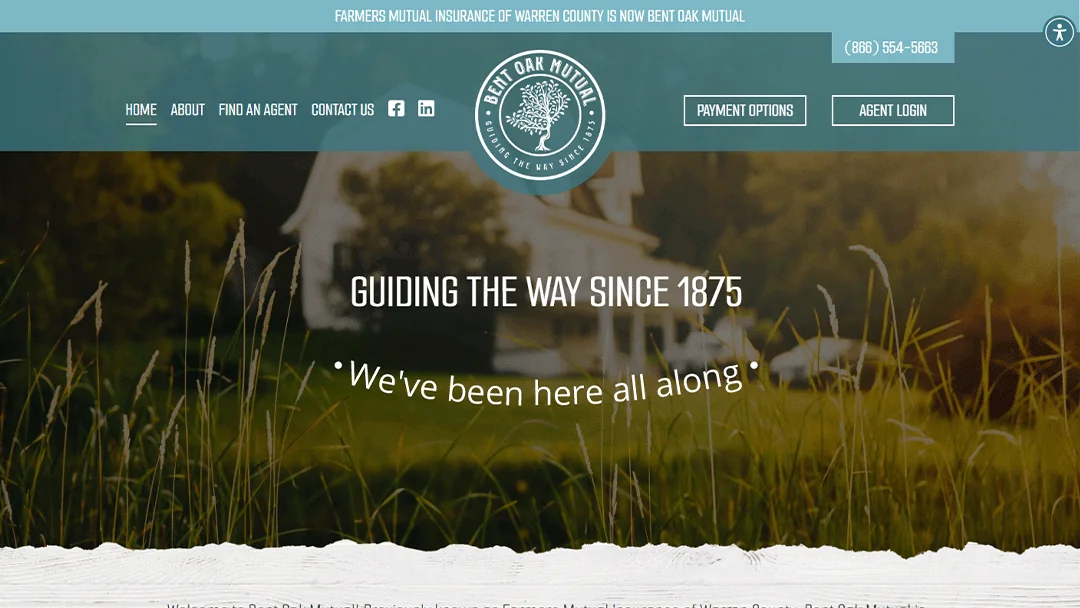 Bent Oak Mutual website showcasing a blurred image of a farmhouse with tall grass in the foreground, emphasizing their long-standing commitment with the slogan 