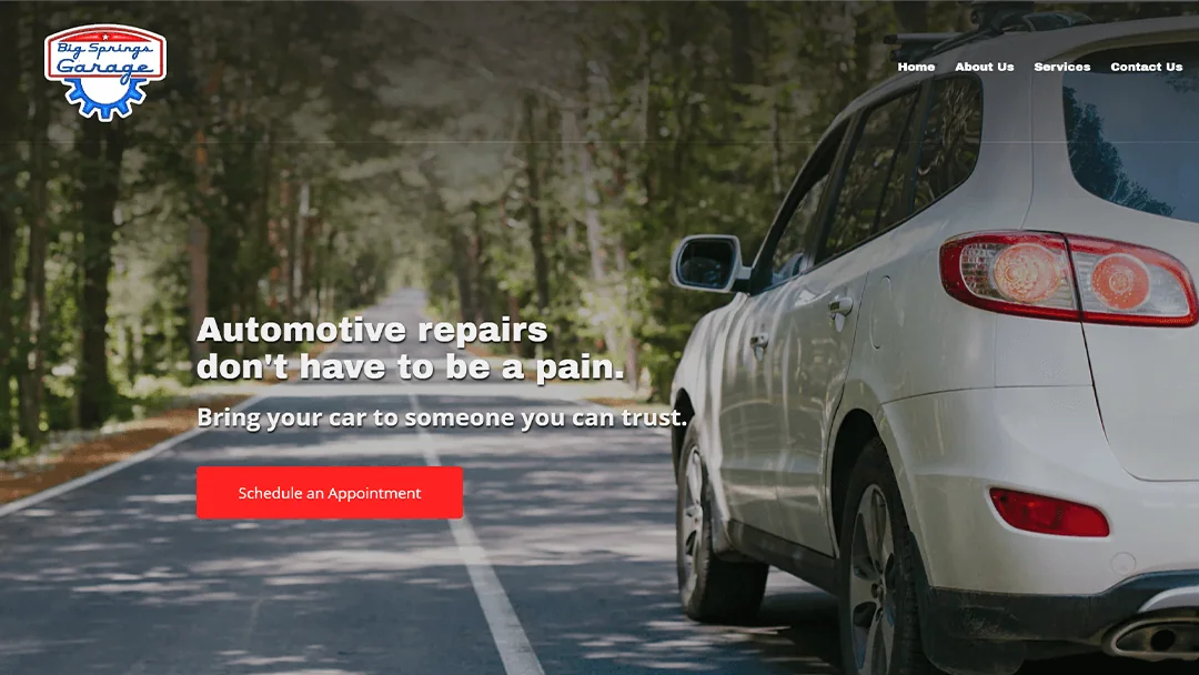 Big Springs Garage website featuring automotive repair services. A white SUV is parked on a tree-lined road. The text reads 'Automotive repairs don't have to be a pain. Bring your car to someone you can trust.' with a red button for scheduling an appointment. Navigation links include Home, About Us, Services, and Contact Us.