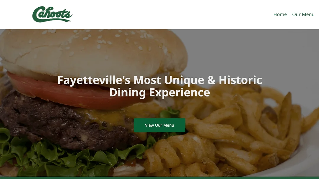 Close-up of a juicy cheeseburger with lettuce, tomato, and a side of curly fries. The Cahoots logo is visible along with navigation links. Text overlay reads 