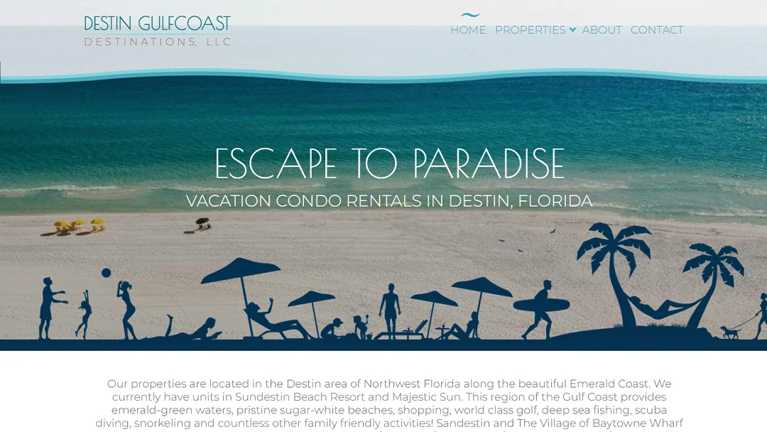 Destin Gulfcoast Destinations website featuring a serene beach scene with blue-green waters, promoting vacation condo rentals in Destin, Florida, inviting visitors to 