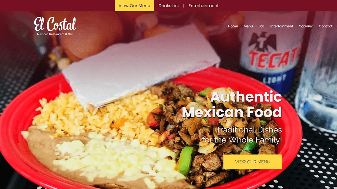 Plate of authentic Mexican food featuring rice, beans, and seasoned meat, with a drink in the background. The El Costal Mexican Restaurant & Grill logo is visible along with navigation links. Text overlay reads 