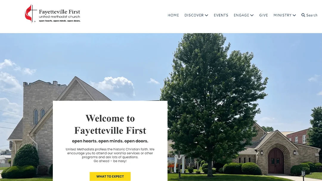 Exterior view of Fayetteville First United Methodist Church, featuring a large tree and a stone building with a welcoming entrance. Text overlay reads 