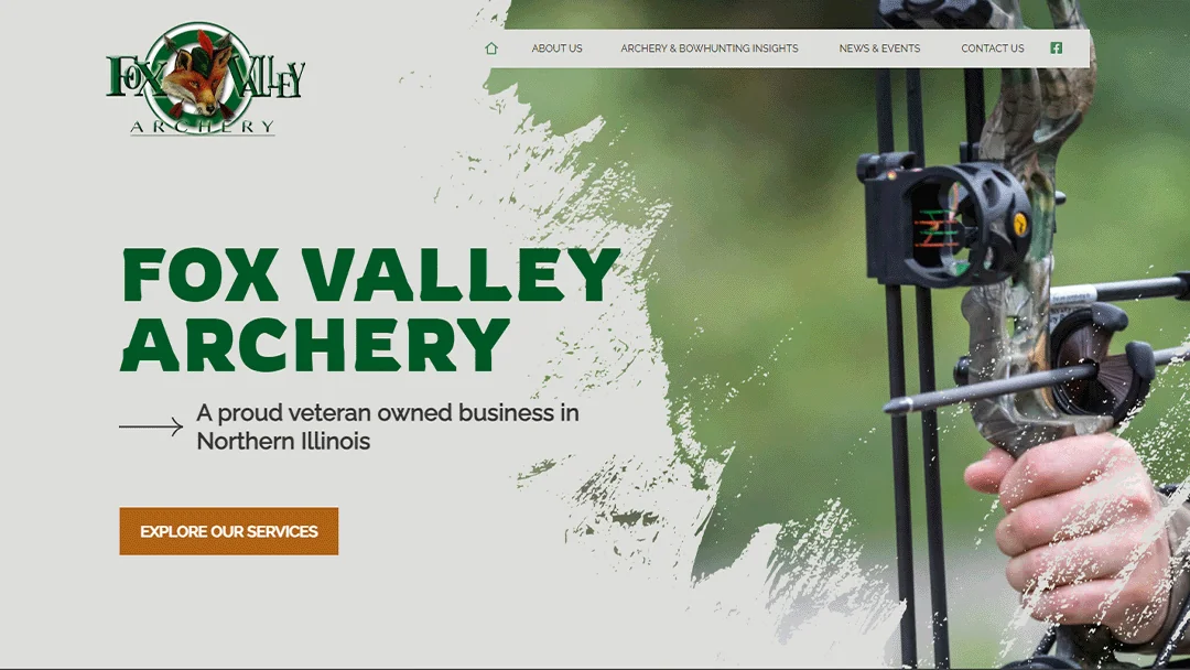 Fox Valley Archery homepage showcasing a close-up of a hand holding a compound bow, emphasizing the business as a proud veteran-owned company in Northern Illinois, with an option to explore their services.