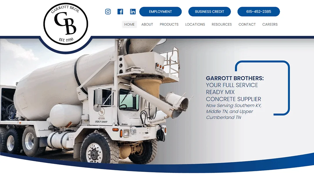 Homepage of Garrott Brothers, featuring an image of a cement mixer truck. The text highlights their services as a full-service ready mix concrete supplier, now serving Southern KY, Middle TN, and Upper Cumberland TN. The company's logo, navigation menu, contact number, and social media icons are at the top.