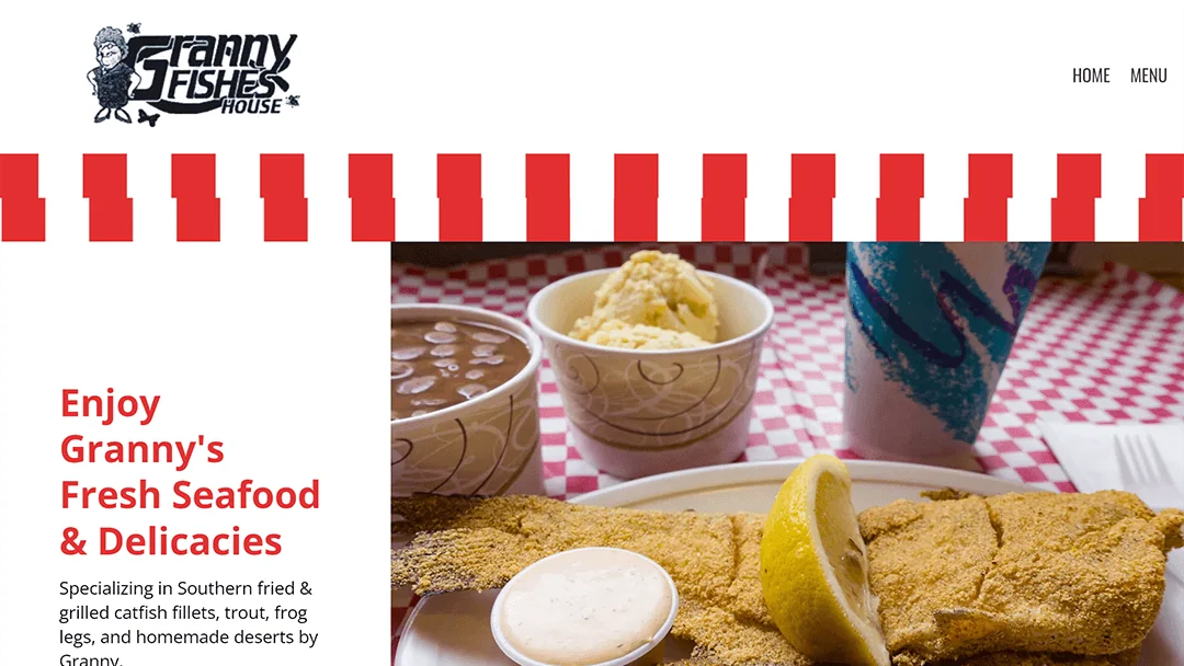 Image description: Granny Fishes House website screenshot with a plate of fried fish, lemon wedge, beans, and mashed potatoes. Text: 