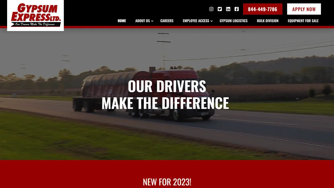 Gypsum Express Ltd. website featuring a red truck hauling materials on a highway, emphasizing the slogan 