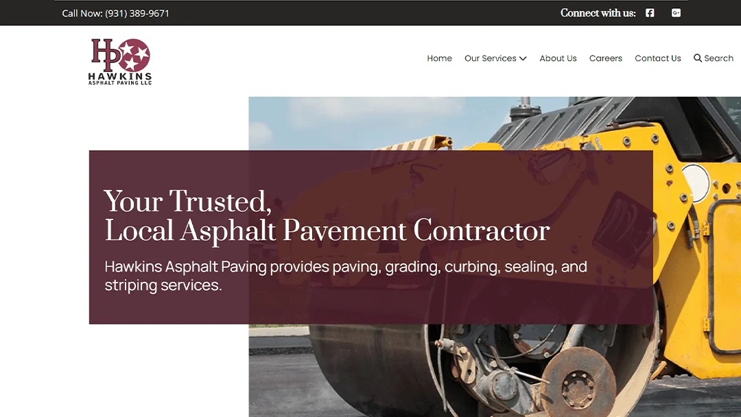 Homepage of Hawkins Asphalt Paving LLC, featuring an image of a yellow asphalt paving machine. The text 