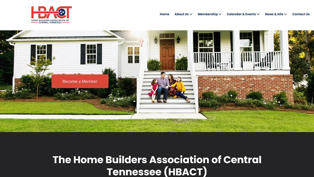 Homepage of the Home Builders Association of Central Tennessee (HBACT), featuring a family sitting on the front steps of a white house with a well-maintained lawn. The text 