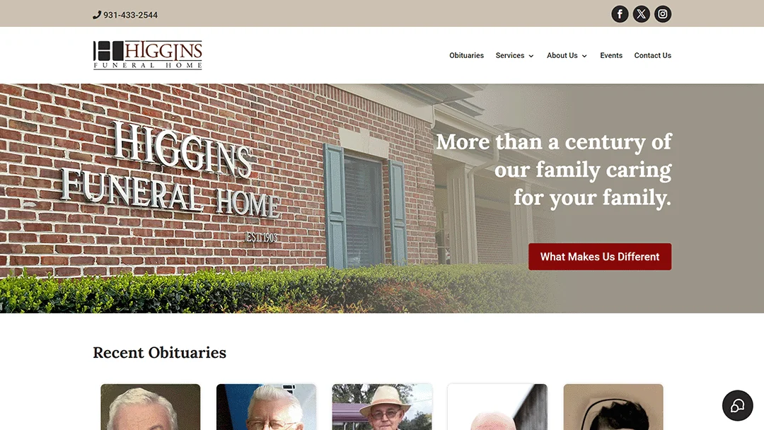 Exterior of Higgins Funeral Home, featuring a brick facade with the company name. The Higgins Funeral Home logo is visible along with navigation links. Text overlay reads 