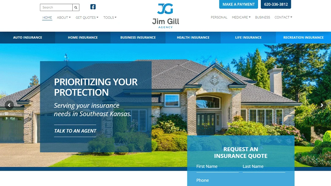 Beautiful suburban house with well-maintained lawn, featured on Jim Gill Agency's website, highlighting insurance services in Southeast Kansas and offering options to talk to an agent or request an insurance quote.
