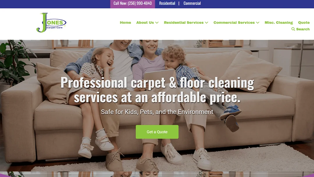 A happy family sitting on a clean, comfortable sofa in a bright living room, featured on the Jones Carpet Care website. The image promotes their professional and affordable carpet and floor cleaning services, emphasizing safety for kids, pets, and the environment.