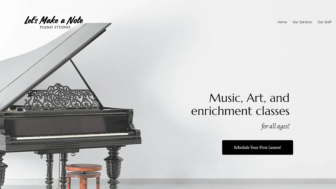 Elegant black grand piano with intricate detailing, displayed in a minimalistic room. The Let's Make a Note Piano Studio logo is visible along with navigation links. Text overlay reads 