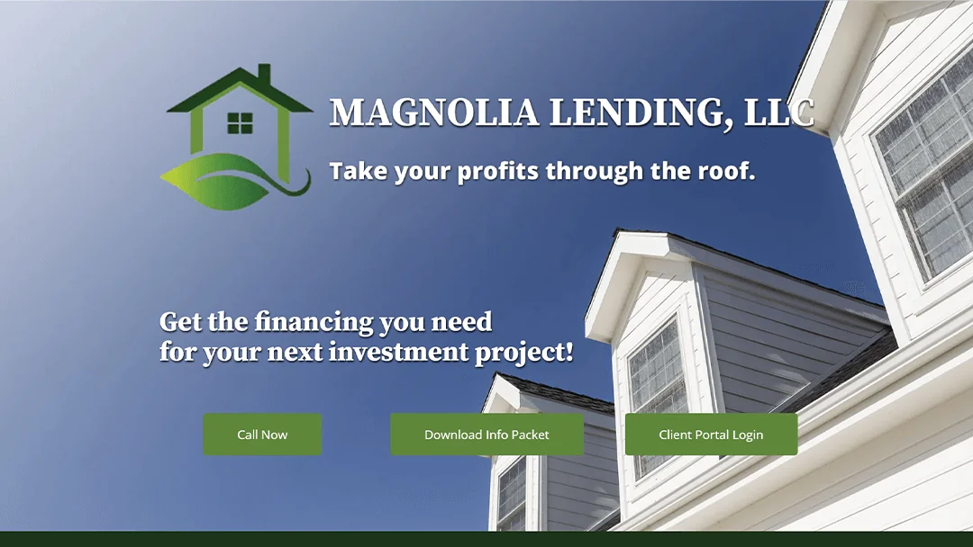 Magnolia Lending, LLC website screenshot with a house roofline. Text: 