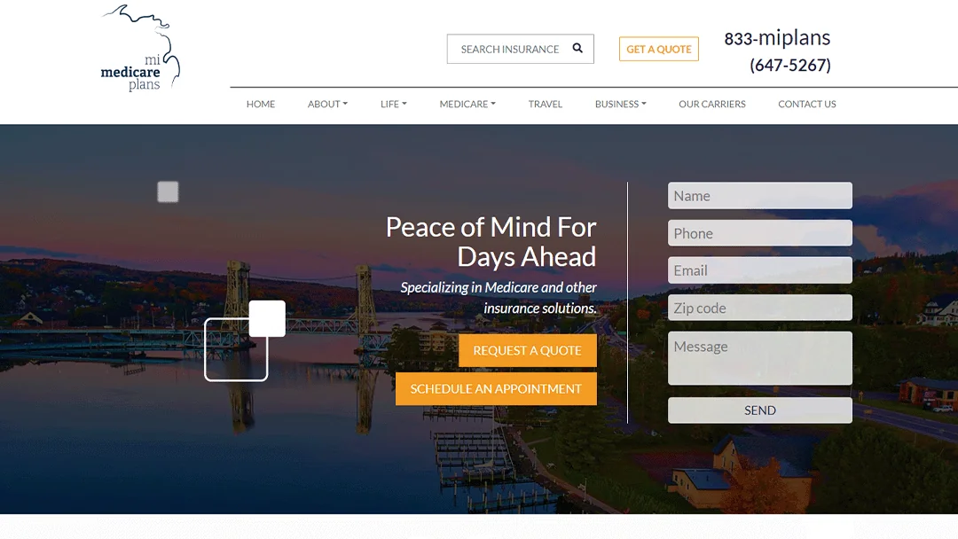Homepage of MI Medicare Plans featuring a serene evening view of a bridge and waterway. Text in the center reads 'Peace of Mind For Days Ahead - Specializing in Medicare and other insurance solutions.' Below the text are buttons for 'Request a Quote' and 'Schedule an Appointment.' On the right, there is a form to fill out personal information. The top navigation bar includes links for Home, About, Life, Medicare, Travel, Business, Our Carriers, and Contact Us. The MI Medicare Plans logo is displayed at the top left.