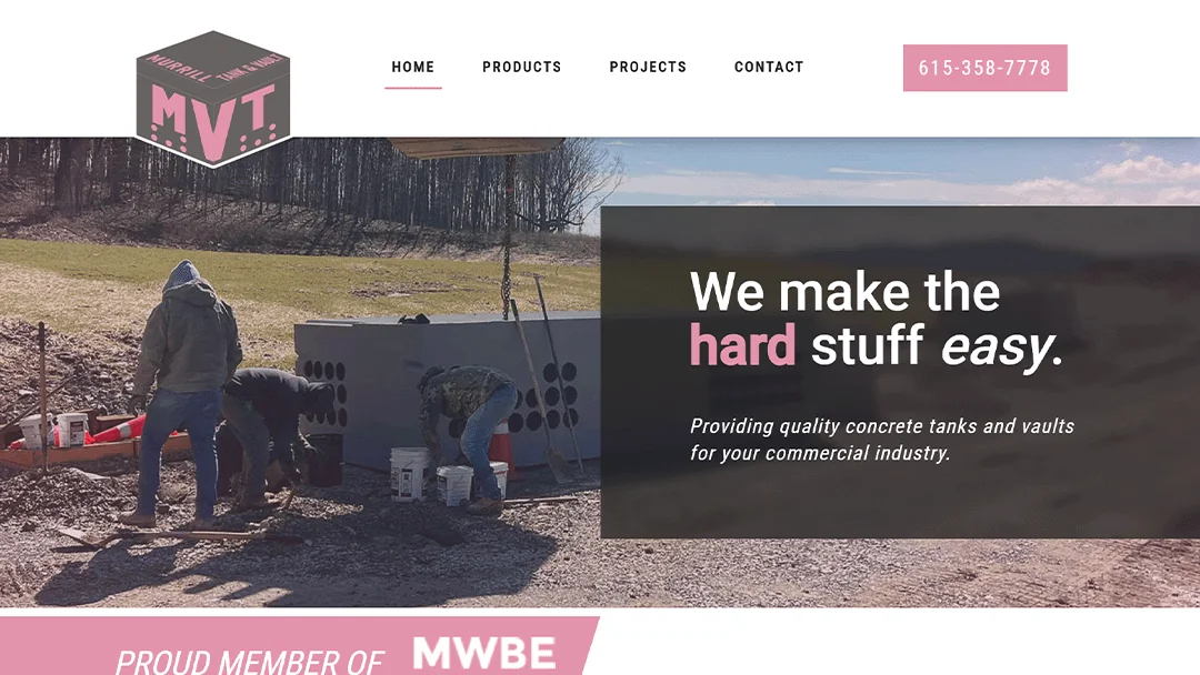Homepage of Murrell Vault Tanks (MVT), featuring workers installing a large concrete tank outdoors. The text 