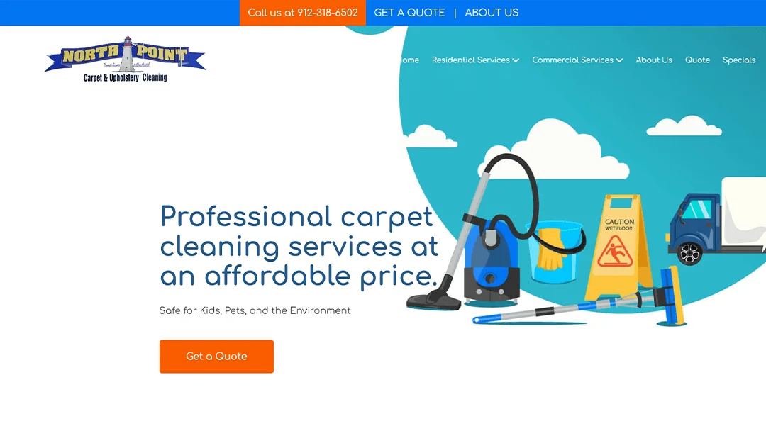 Illustrations of cleaning equipment, including a vacuum, mop, bucket, and caution sign, featured on the North Point Carpet & Upholstery Cleaning website. The image emphasizes their professional, affordable carpet cleaning services, safe for kids, pets, and the environment.