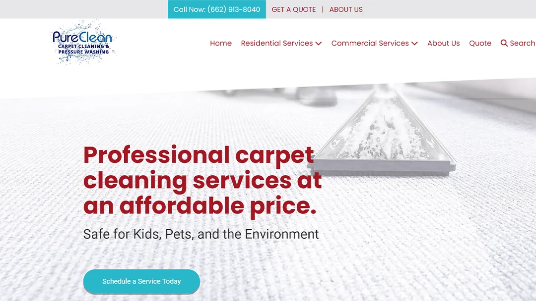 A close-up of a professional carpet cleaning machine in action, featured on the PureClean Carpet Cleaning & Pressure Washing website. The image emphasizes their affordable, eco-friendly services that are safe for kids and pets.