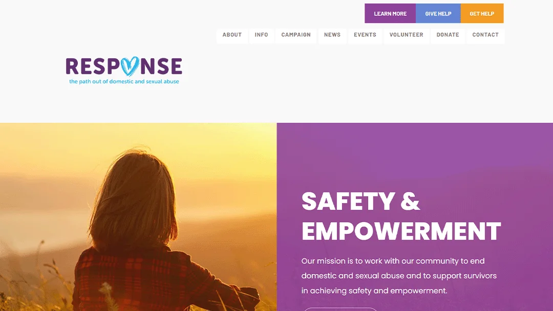 A woman with shoulder-length hair looks towards a sunset in a field, symbolizing hope and renewal. The image is part of a website banner for RESPONSE, an organization dedicated to ending domestic and sexual abuse.