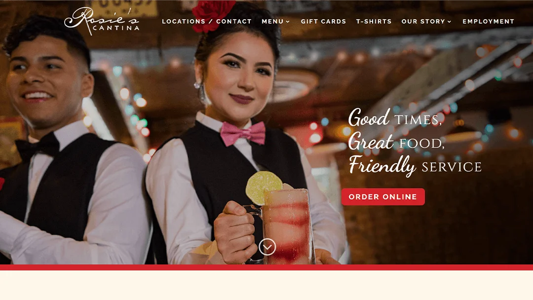 Image description: Rosie's Cantina website screenshot with two smiling servers holding drinks. Text: 