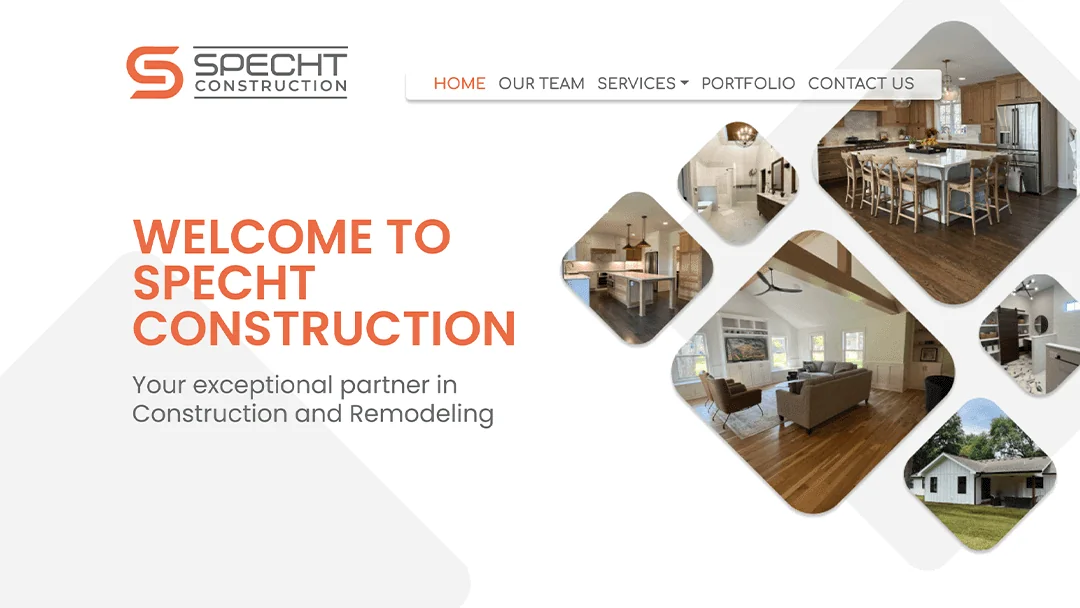 Specht Construction website with a collage of interior and exterior home images. Text reads: 