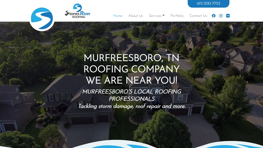 Aerial view of a suburban neighborhood on Stones River Roofing's website. The banner promotes their roofing services in Murfreesboro, TN, highlighting storm damage, roof repair, and more. The navigation menu includes Home, About Us, Services, Portfolio, and Contact Us. The logo and contact number are displayed at the top.