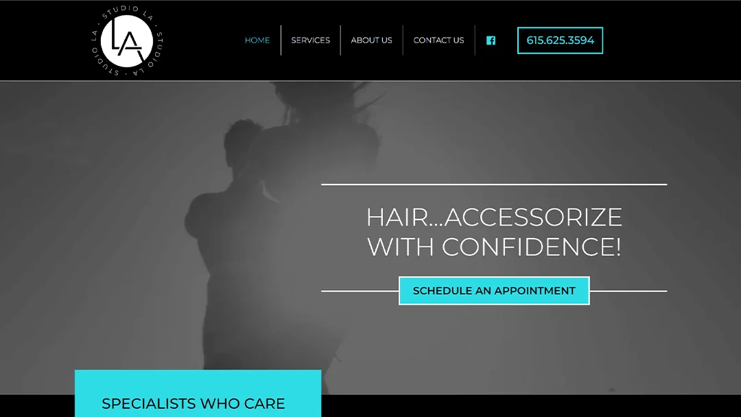 A stylish silhouette of a person with flowing hair, featured on the Studio LA website. The image promotes their hair and accessory services with the tagline 'Hair...Accessorize with Confidence!' and encourages visitors to schedule an appointment.