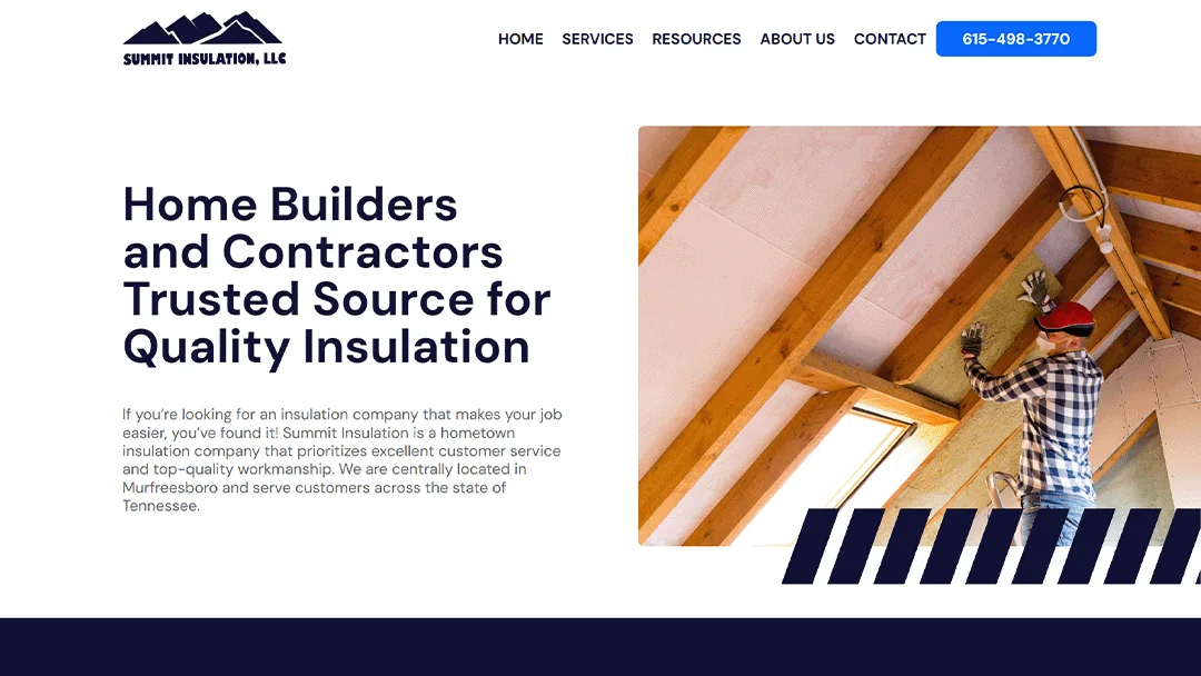 Insulation worker installing insulation material in the attic of a home. Summit Insulation, LLC logo and contact information are visible. Text overlay reads 