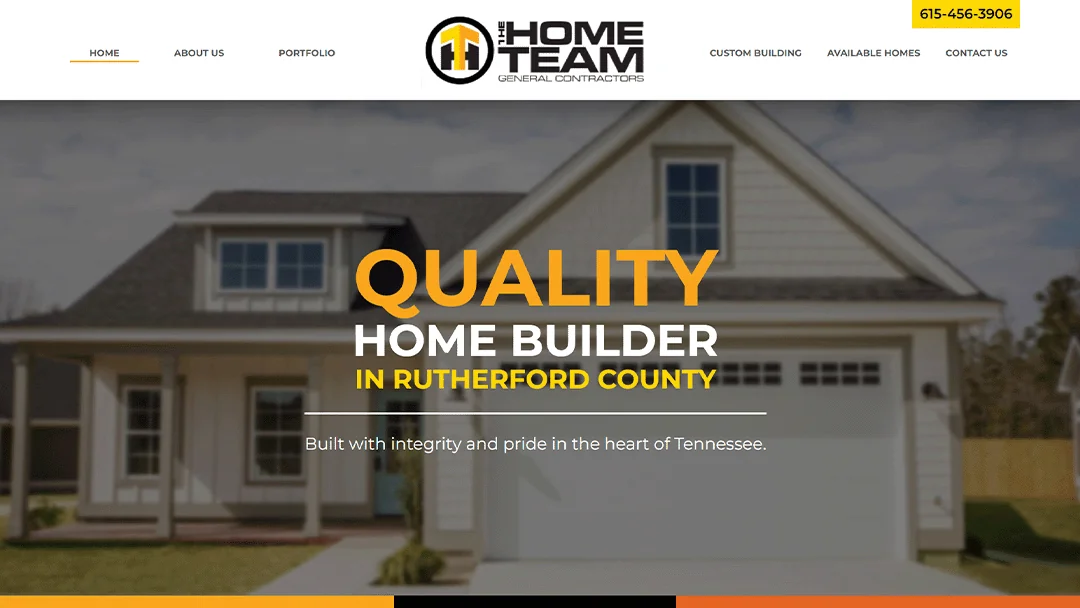 A screenshot of a home builder's website. The image features a modern house with a front porch, large windows, and a gabled roof. Text on the image reads: 