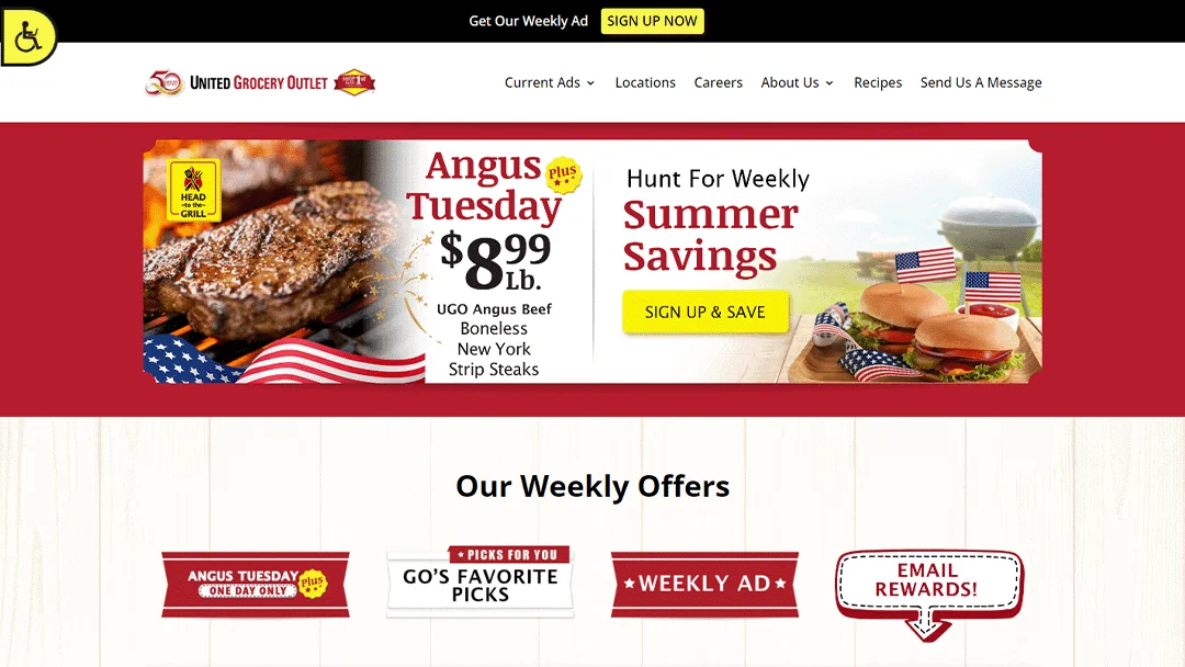 United Grocery Outlet website promoting Angus Tuesday with UGO Angus Beef Boneless New York Strip Steaks for $8.99 per pound and highlighting weekly summer savings. The banner features a grilled steak and burgers with American flags. Navigation links include Current Ads, Locations, Careers, About Us, Recipes, and a contact form. The section below features weekly offers, including Angus Tuesday, GO's Favorite Picks, Weekly Ad, and Email Rewards.