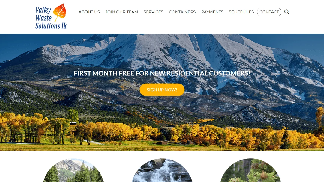 A stunning view of snow-capped mountains with a forest of vibrant autumn trees in the foreground. The image is featured on the Valley Waste Solutions LLC website, promoting their waste management services with an offer for new residential customers.