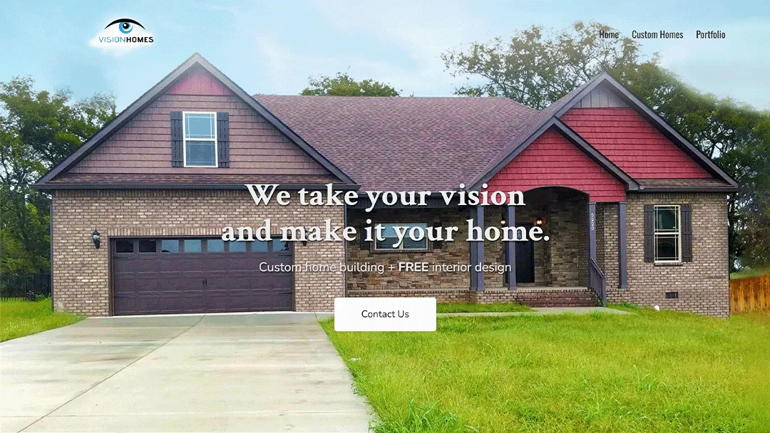 A brick house with a large driveway, surrounded by trees and green grass, with a slogan: 