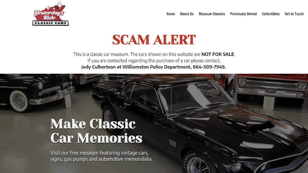 A display of classic cars at Yesterday's Ride Classic Cars museum, emphasizing the museum experience with vintage vehicles and memorabilia. A prominent 'Scam Alert' warning at the top clarifies that the cars are not for sale and provides contact information for reporting any scams.