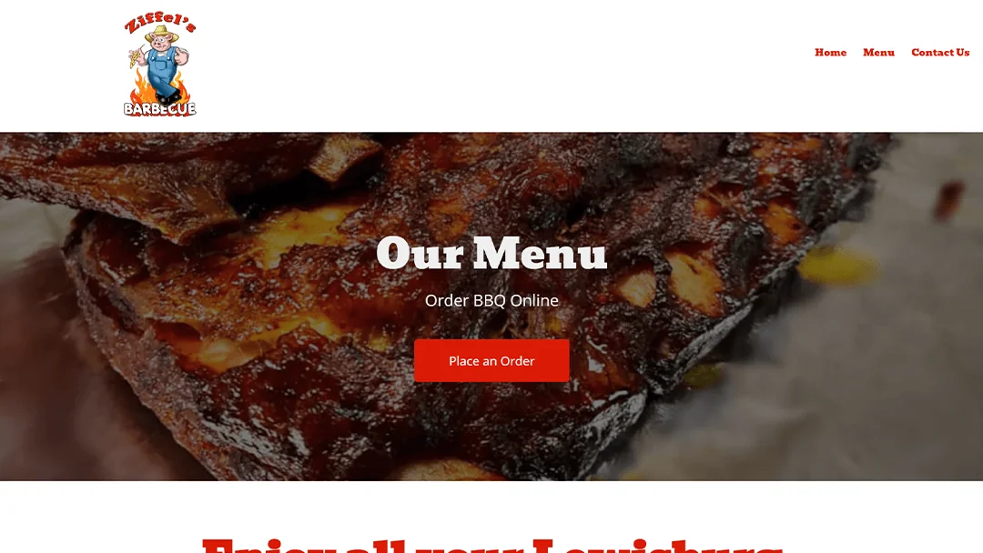 Ziffel's BBQ website screenshot with close-up of barbecued ribs. Text: 