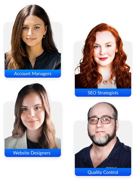 Portrait grid showing four team members with titles: Account Managers, SEO Strategists, Website Designers, and Quality Control.