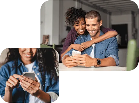 Digital marketing agency in Lynchburg VA Smiling couple looking at a smartphone together at home, with an inset showing a close-up of a woman using a phone