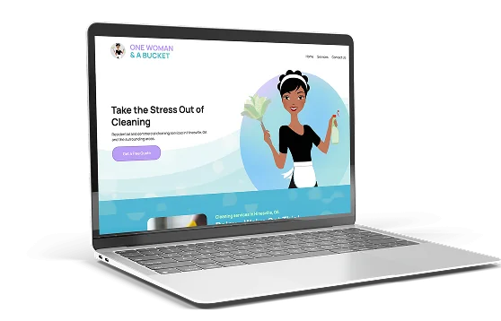 Laptop displaying the homepage of a cleaning service website called 'One Woman & A Bucket,' featuring a cartoon woman holding a feather duster and spray bottle.