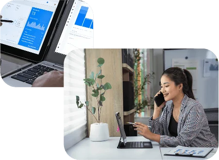 Woman working at a desk in a digital marketing company on a laptop while talking on the phone, with an inset showing a close-up of someone using a laptop displaying data and analytics.