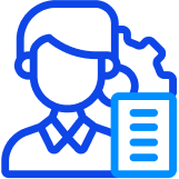 Blue outlined icon of a person in business attire with a gear and a document, symbolizing settings or configuration management.