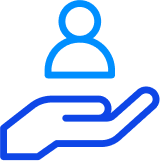Blue outlined icon of a hand holding a person figure, symbolizing customer care, support, or user assistance.