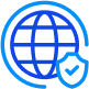 Blue icon of a globe with a checkmark shield, representing global security or safe internet access.