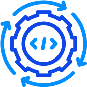 Blue outlined icon of a gear with code symbols in the center, surrounded by circular arrows, representing software development, DevOps, or continuous integration and deployment.