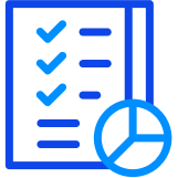 Blue outlined icon of a checklist on a document with a pie chart, representing tasks, project tracking, or performance analysis.
