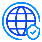 Blue outlined icon of a globe surrounded by a curved line and a shield with a checkmark, symbolizing global security, internet protection, or cybersecurity.