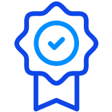Blue outlined icon of a ribbon or badge with a checkmark in the center, representing certification, quality assurance, or achievement.