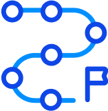 Blue outlined icon showing a winding path with connected dots leading to a flag, symbolizing progress, workflow, or a completed journey.