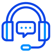 Blue outlined icon of a headset with a microphone and a speech bubble, representing customer support or communication services.